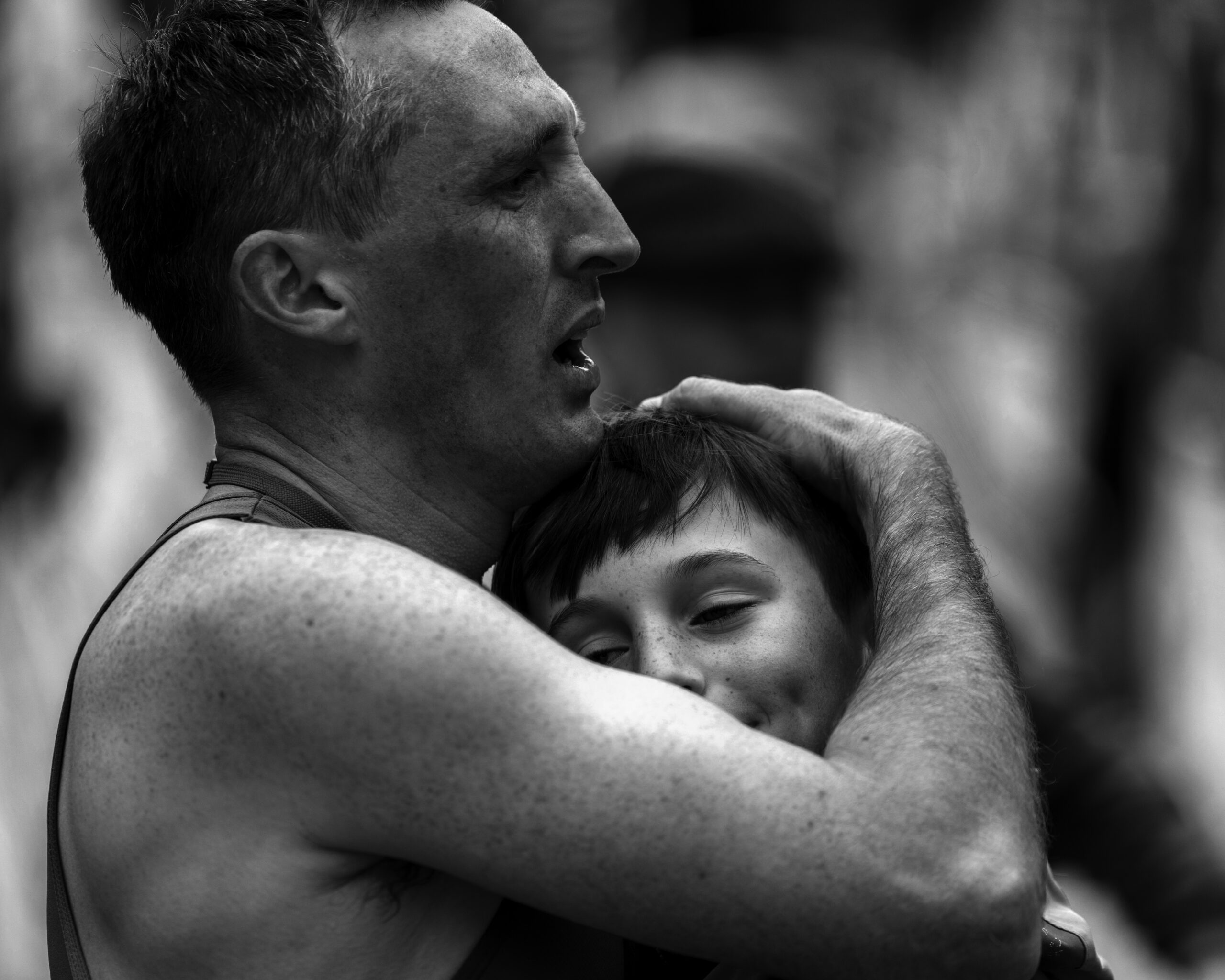 Fling Dad And Son Hug B&w